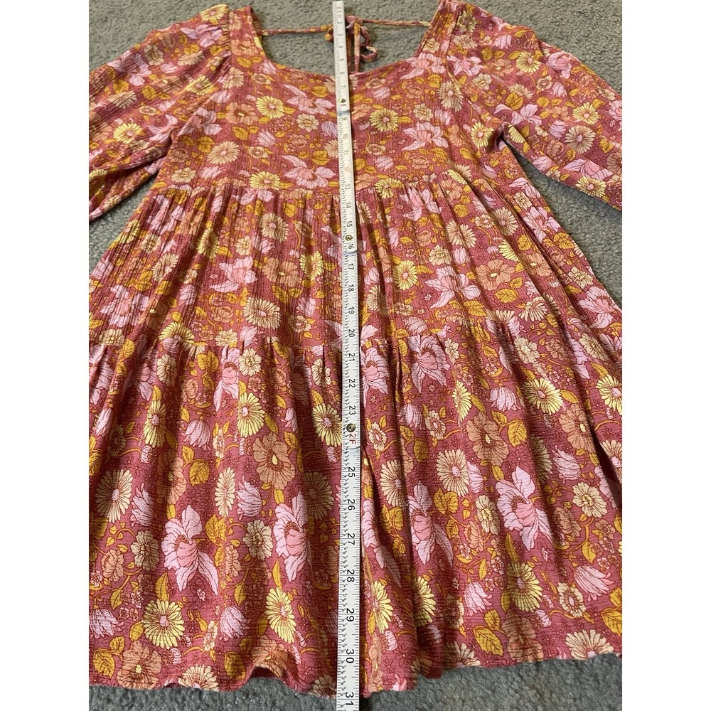 Babydoll Tiered Floral Mini Dress Sz M Orange Yellow Balloon Sleeve Beach Boho - Picture 7 of 13